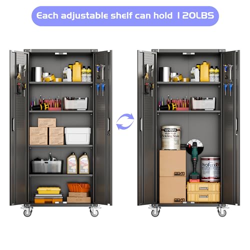 Garage Storage Cabinet with Wheels, 72" H, 2 Doors, 4 Adjustable Shelves, Black R4307