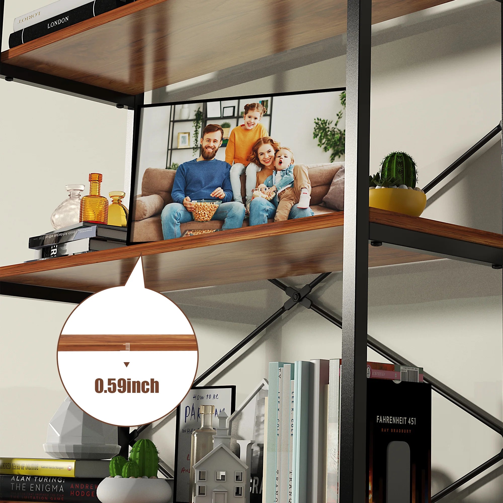 5-Tier Tall Bookcase, Rustic Wood and Metal Open Shelf Unit K172304