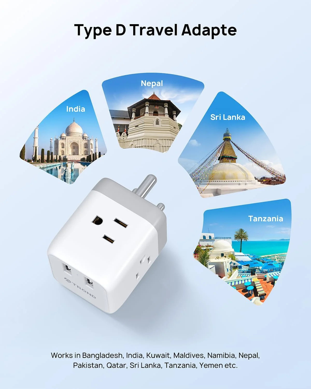 India to US Plug Adapter with 2 USB Ports and 3 Outlets C46846