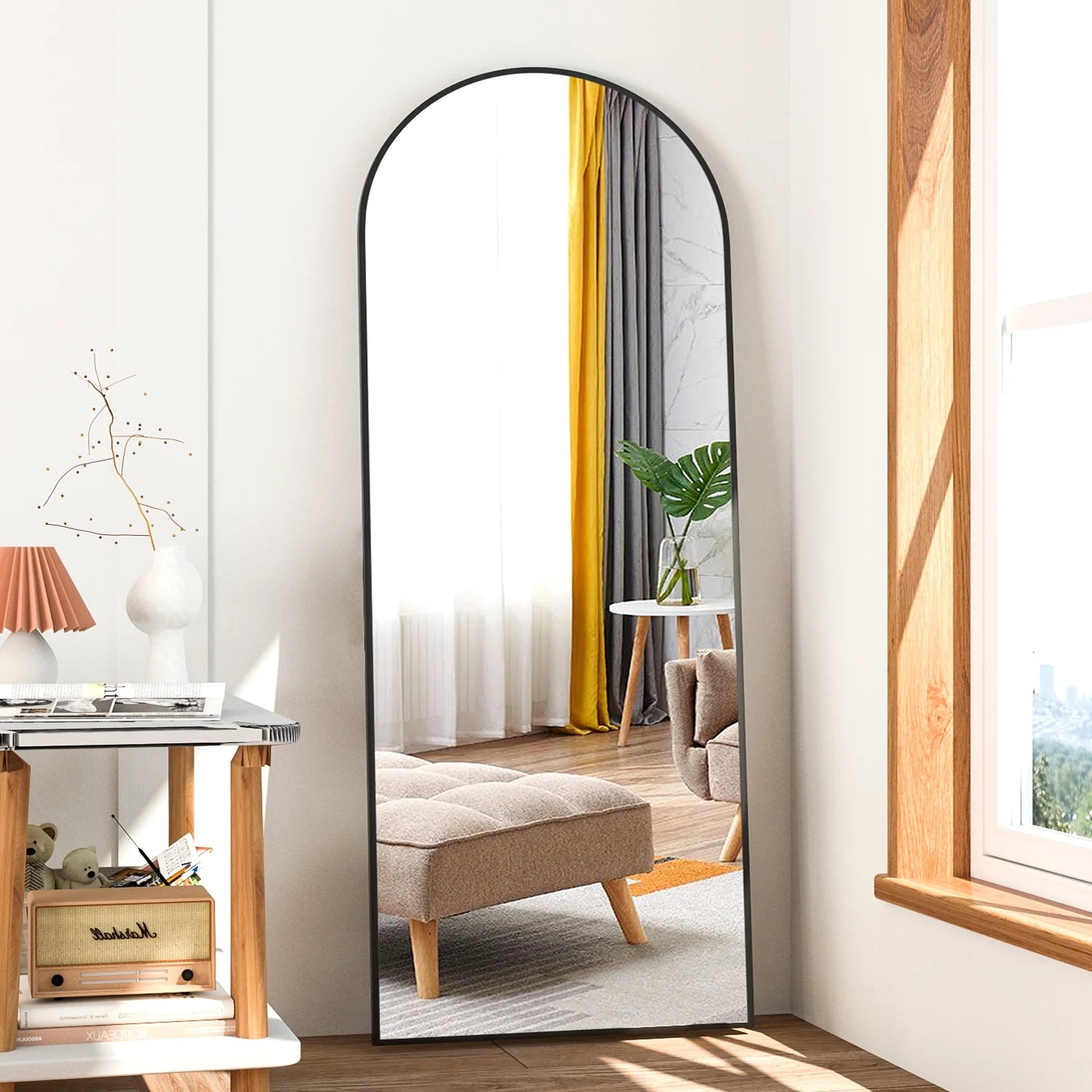 CISTEROMAN Full Length Mirror Arched Mirror, Floor Mirror with Stand, 64" x 21" Full Body Mirror Black Arch Standing Mirror Large Bedroom Mirror