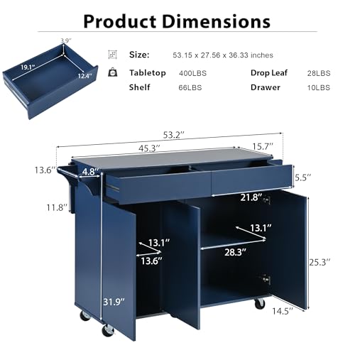 Large Kitchen Island with Drop Leaf, Rolling Cart, Power Outlet and Storage A3211