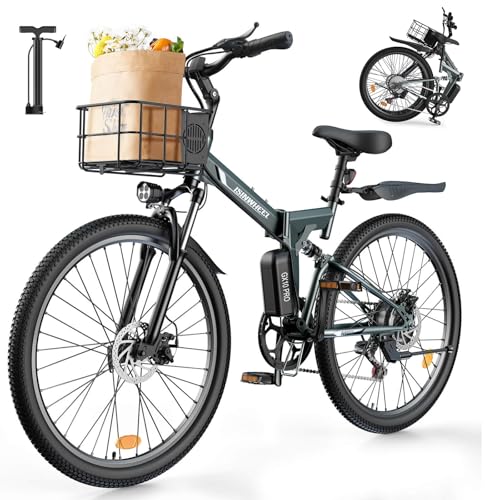 isinwheel Urban/Folding Electric Bike for Adults 500W Ebike with Basket, Dual USB Charging Ports, Full Suspension, 7 Speed Gearshift, 20mph Foldable Electric Bicycles, 26" Electric Mountain Bike