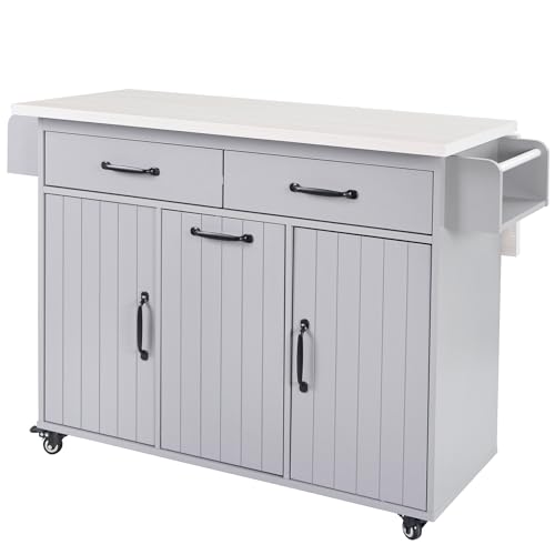 Farmhouse Kitchen Island with Drop Leaf, Barn Door and Power Outlet C3058
