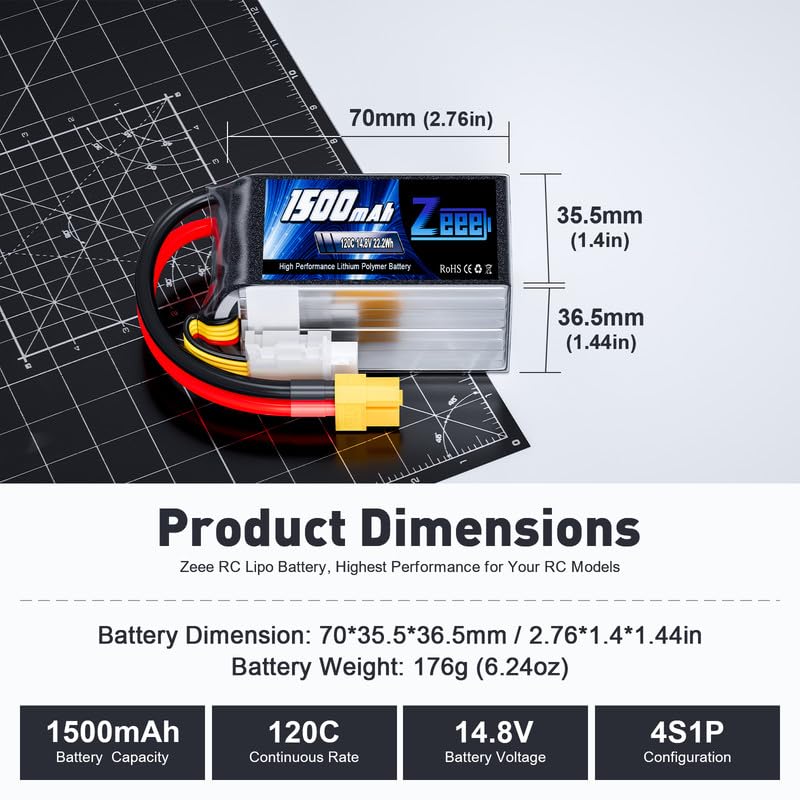 4S Lipo Battery 1500mAh 14.8V 120C with XT60 Plug for RC Models (2 Pack) O6079