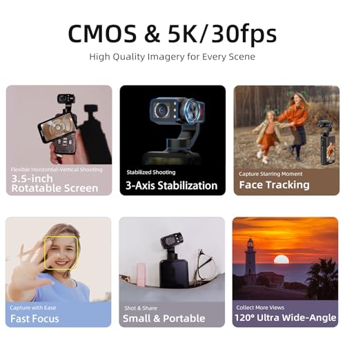 5K Handheld Camera with 3-Axis Gimbal Stabilizer, Rotatable Touchscreen, IR Night Vision, 64G Card D8192
