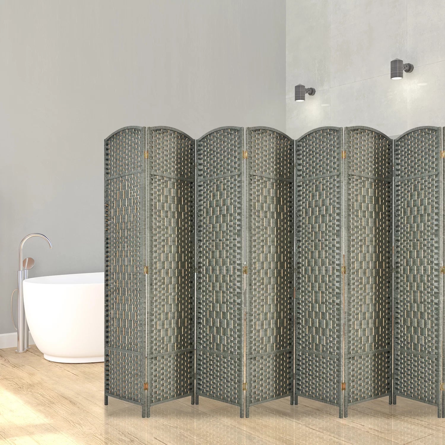 5.7ft Wood Fiber Woven Room Divider 8 Panels, Foldable Grey M77769