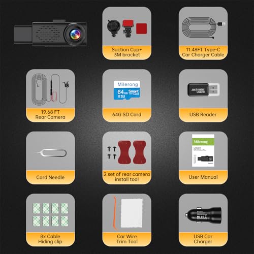 3 Channel Dash Cam Front Rear Inside, 2.5K WiFi, 1440P+1080P, 64GB Card, IR Night Vision P6249