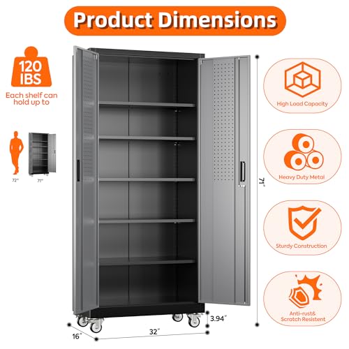 Metal Storage Cabinet with Wheels, 73" H, Locking Doors and Adjustable Shelves A1751