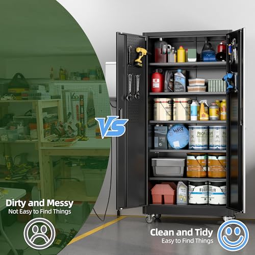 Garage Storage Cabinet with Wheels, 72" H, 2 Doors, 4 Adjustable Shelves, Black R4307