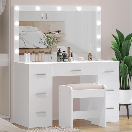 Vanity Desk with Stool, Lighted Mirror, 3 Color Lighting Modes, Dressing Table with Drawers U774924