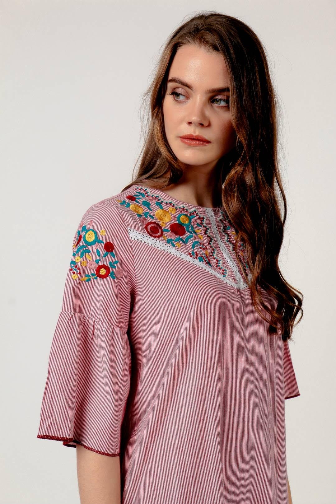 Striped Embroidered Cotton Summer Dress Red White Size Small T3047