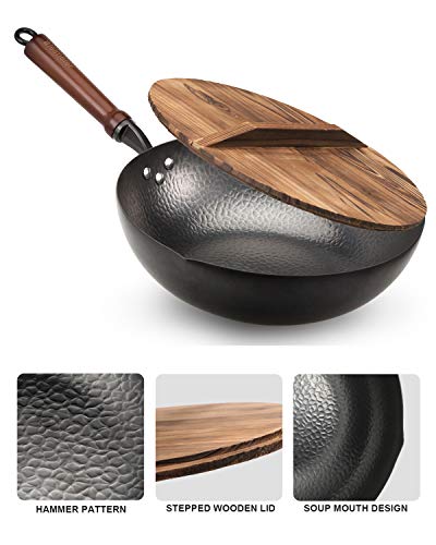 Carbon Steel Wok Pan with Lid, 12.5 Inch, Flat Bottom T837839