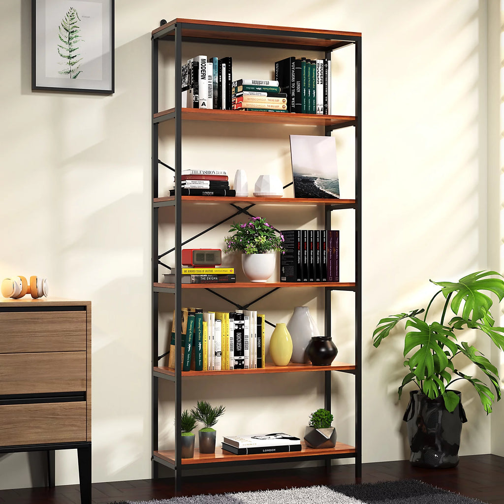 5-Tier Tall Bookcase, Rustic Wood and Metal Open Shelf Unit K172304