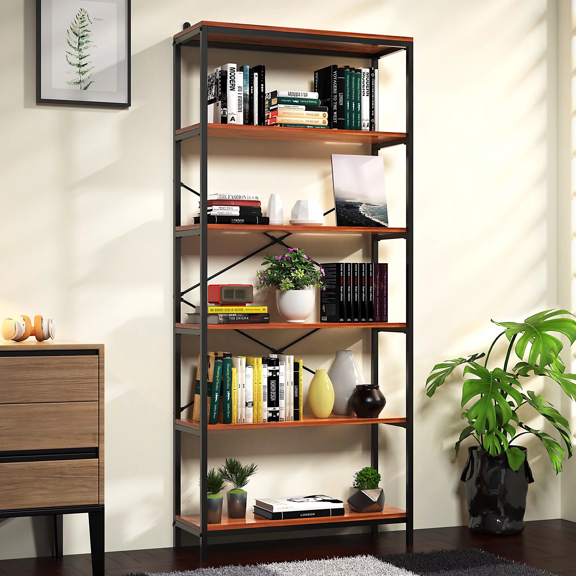 5-Tier Tall Bookcase, Rustic Wood and Metal Open Shelf Unit K172304