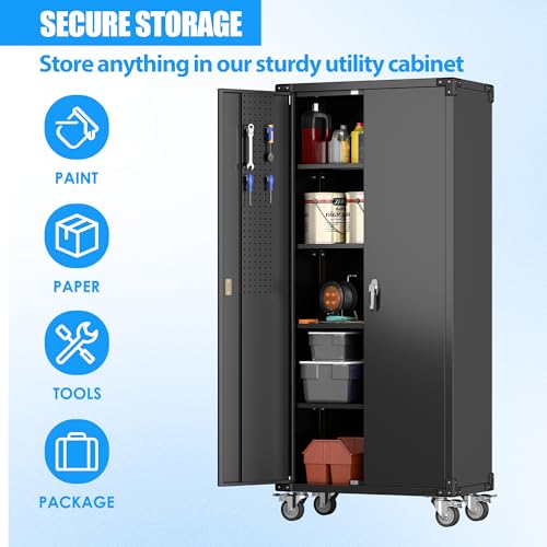 Metal Storage Cabinet with Wheels, 73" H, Locking Doors and Adjustable Shelves A1751