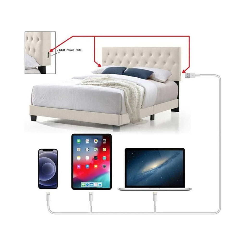 Linen Bed with USB Power Connection, Beige - Twin Size M2522