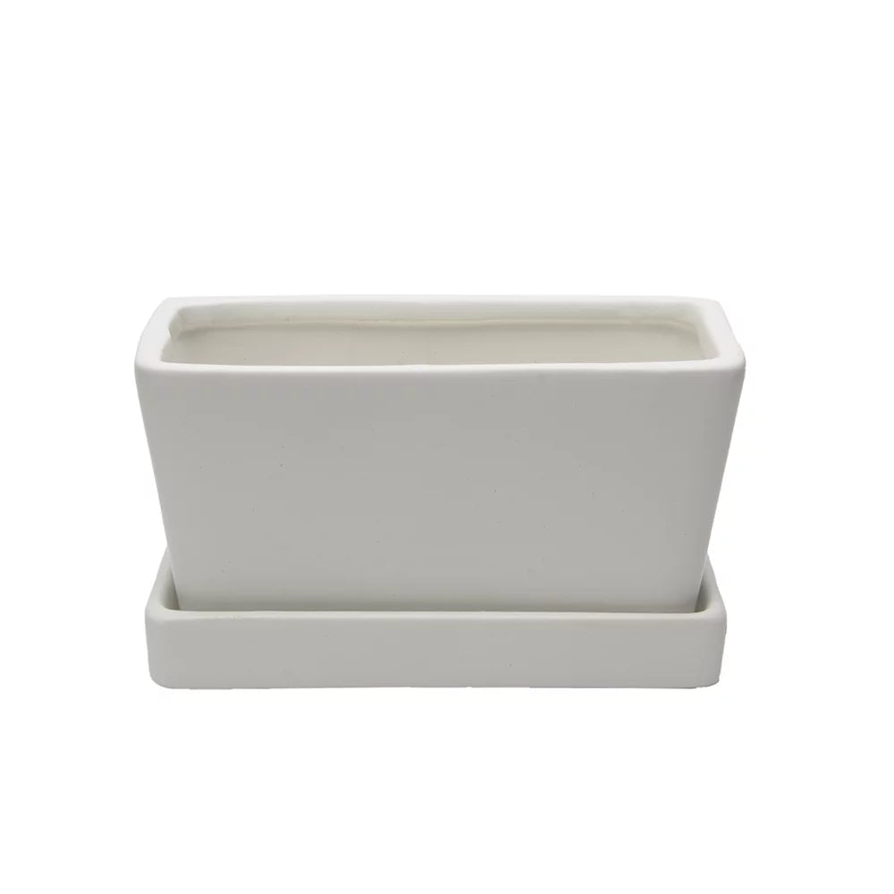 White Rectangular Ceramic Succulent Planter with Drainage Hole and Tray W471