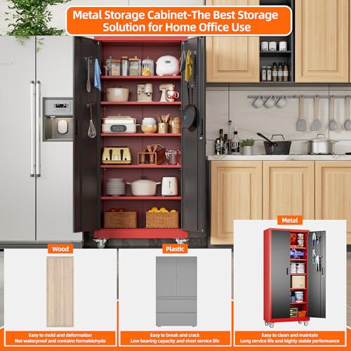 Metal Storage Cabinet with Wheels, 73" H, Locking Doors and Adjustable Shelves A1751