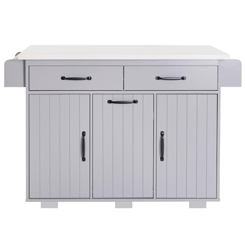 Farmhouse Kitchen Island with Drop Leaf, Barn Door and Power Outlet C3058
