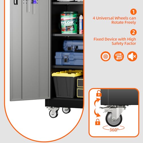Metal Storage Cabinet with Wheels, 73" H, Locking Doors and Adjustable Shelves A1751