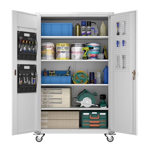 Garage Storage Cabinet with Wheels, 72" H, 2 Doors, 4 Adjustable Shelves, Black R4307