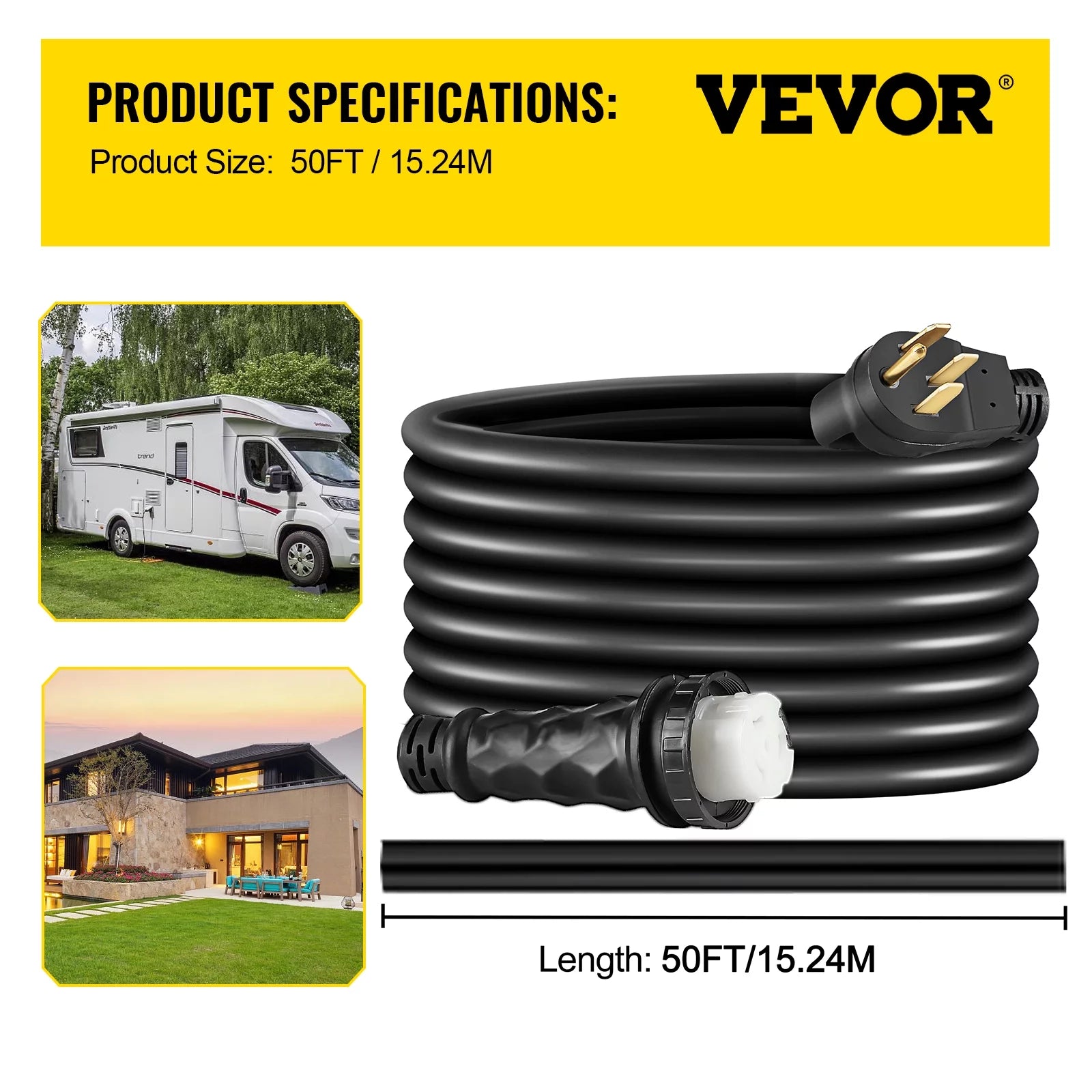 50 ft 50 Amp RV Shore Power Extension Cord, Weatherproof Heavy Duty Twist Lock P166