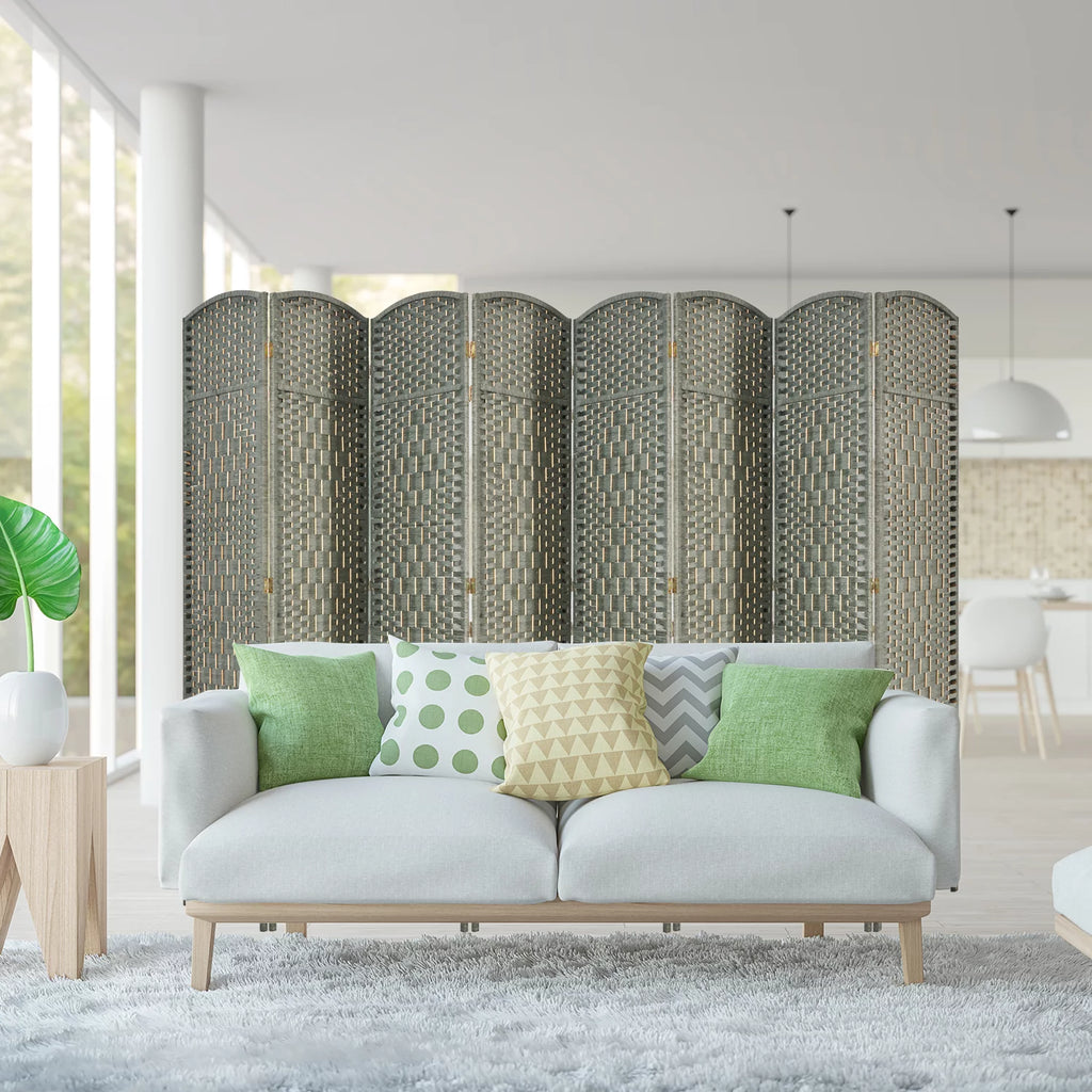 5.7ft Wood Fiber Woven Room Divider 8 Panels, Foldable Grey M77769