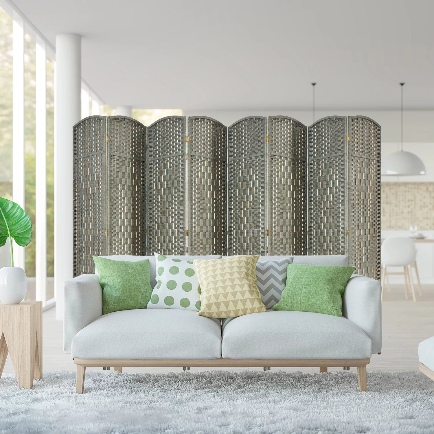 5.7ft Wood Fiber Woven Room Divider 8 Panels, Foldable Grey M77769