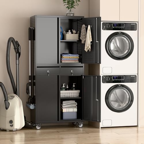 Metal Storage Cabinet with Wheels, 73" H, Locking Doors and Adjustable Shelves A1751