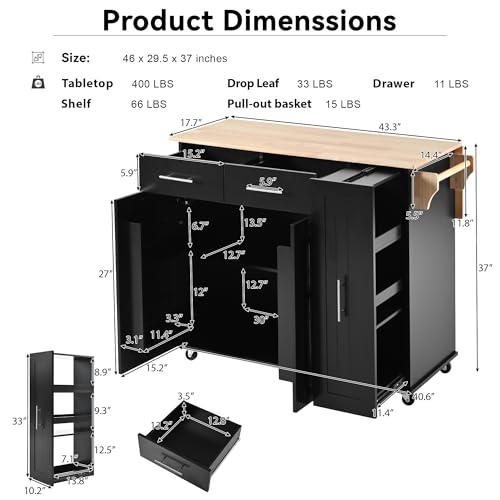 Large Kitchen Island with Drop Leaf, Rolling Cart, Power Outlet and Storage A3211