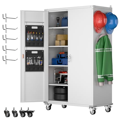 Metal Storage Cabinet with Wheels, 73" H, Locking Doors and Adjustable Shelves A1751