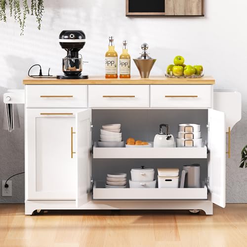 Farmhouse Kitchen Island with Drop Leaf, Barn Door and Power Outlet C3058