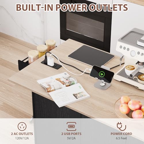 Kitchen Island on Wheels with Storage, Drop Leaf and Power Outlet I19403