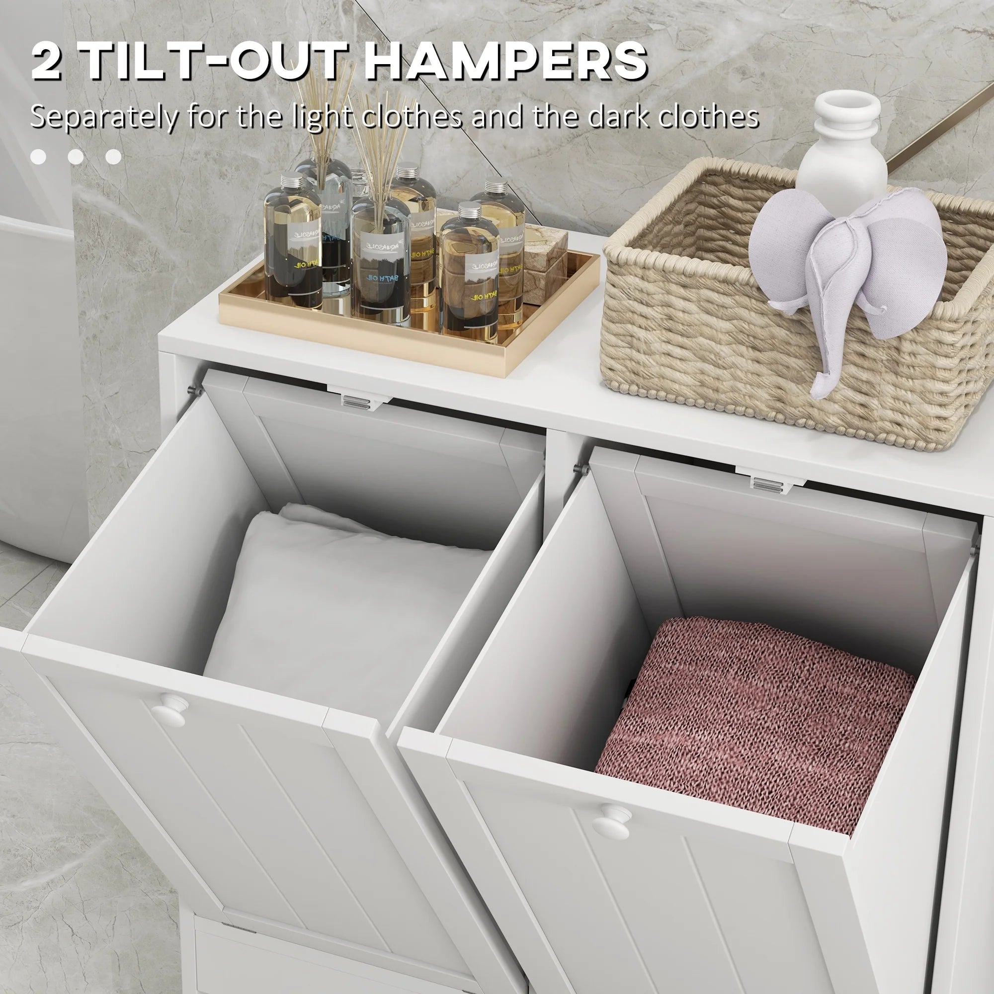 Tilt-out Laundry Storage Cabinet with 2 Hamper Compartments, White K381701