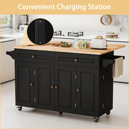 Movable Kitchen Island with Drop Leaf and Power Outlet Y932