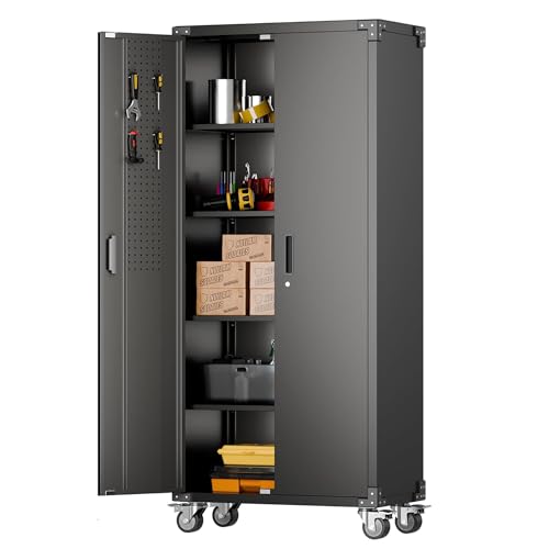 Garage Storage Cabinet with Wheels, 72" H, 2 Doors, 4 Adjustable Shelves, Black R4307