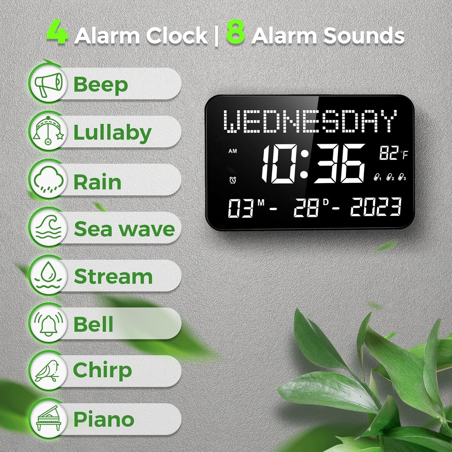 11.2" Digital Calendar Clock with Day and Date, Remote Control, 4 Alarms, Adjustable Dimmer Z657