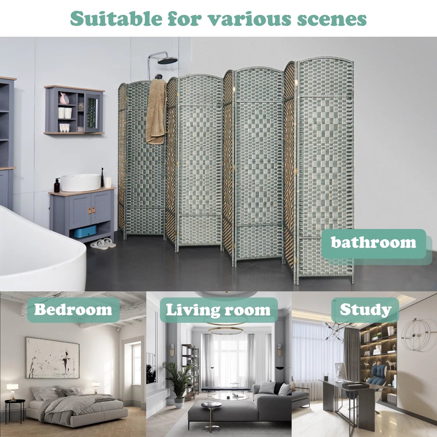 5.7ft Wood Fiber Woven Room Divider 8 Panels, Foldable Grey M77769