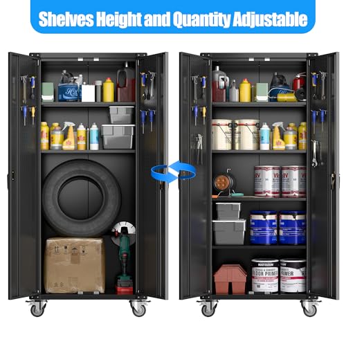 Metal Storage Cabinet with Wheels, 73" H, Locking Doors and Adjustable Shelves A1751