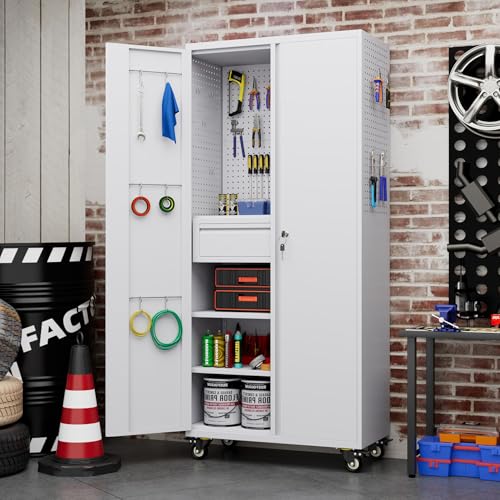 Metal Storage Cabinet with Wheels, 73" H, Locking Doors and Adjustable Shelves A1751