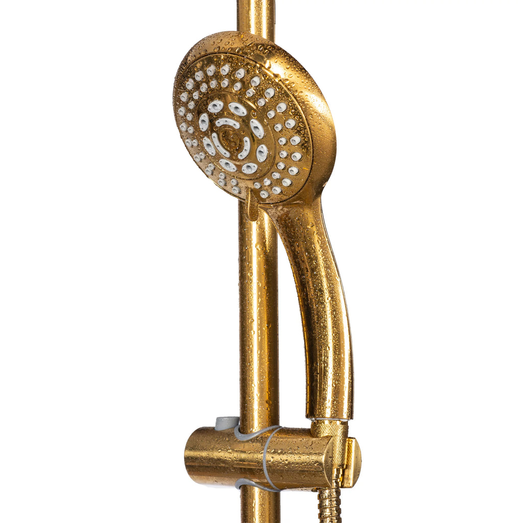 Kauai III Shower System with 8" Rain Showerhead, 5-Function Hand Shower, Adjustable Slide Bar and Soap Dish, Brushed Gold Finish V276