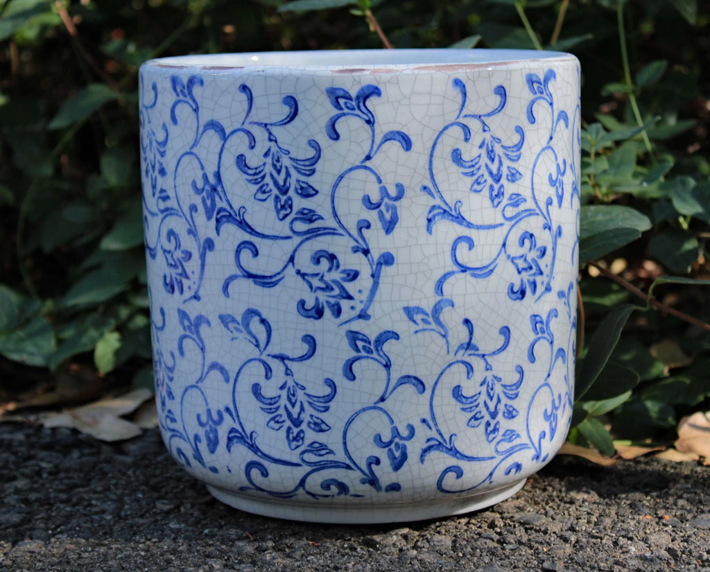 Blue and white ceramic cylindrical garden planter with vine pattern L9580