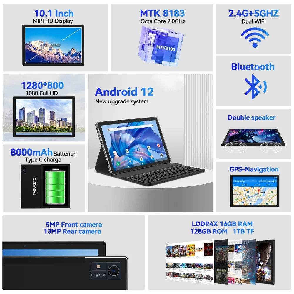10.1 inch Android Tablet, 16GB RAM 128GB ROM, 8MP+13MP Camera G233125