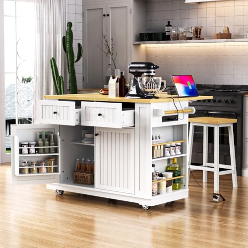 Rolling Kitchen Island Cart with Drop Leaf, Power Outlet, and 5 Open Shelves L877625