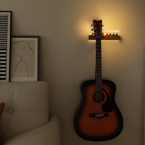 Guitar Wall Mount Stand with LED Lights, Solid Wood & Acrylic, USB-Powered F283