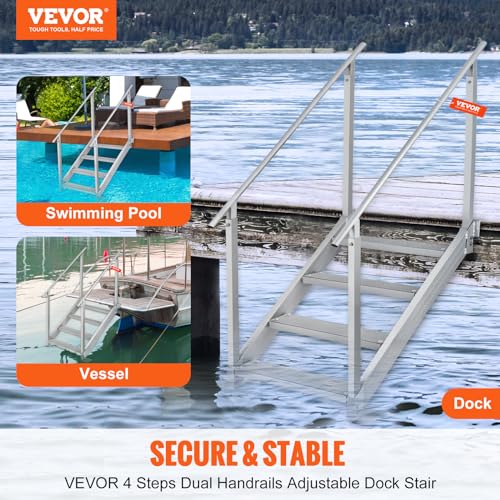 Dock Stairs Ladder 4 Step, Aluminum Adjustable Height, Non-Slip Pedals C142230