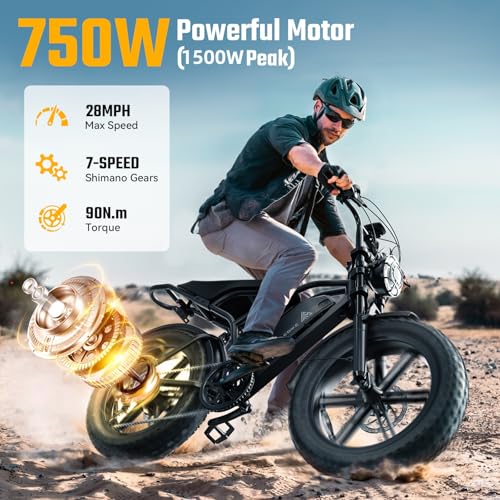 Electric Bike for Adults, 1500W Peak Brushless Motor, 28 MPH, Fat Tire, 48V Removable Battery S504