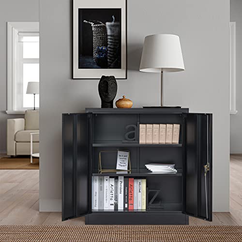 Locking Metal Storage Cabinet with Shelves and Doors, Black I112889