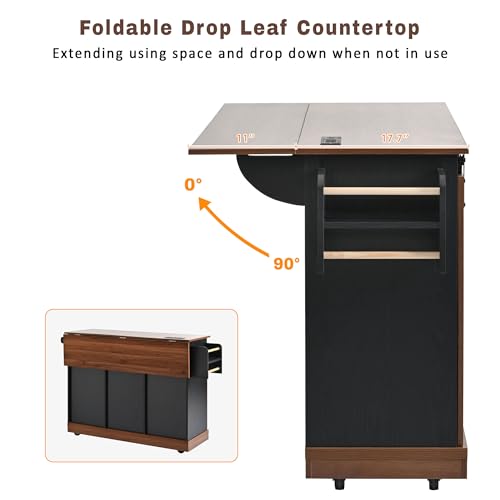 Farmhouse Kitchen Island with Drop Leaf, Barn Door and Power Outlet C3058
