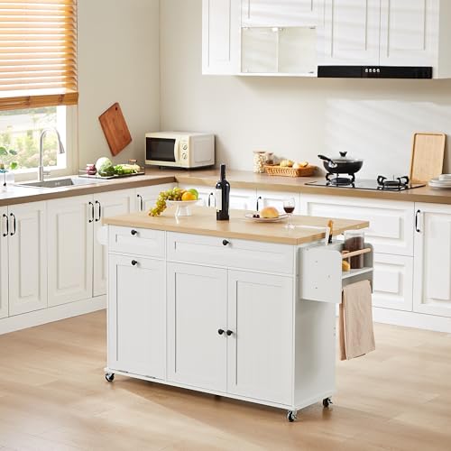 Kitchen Island with Power Outlet & Drop Leaf, Rolling Cart with Storage J137407
